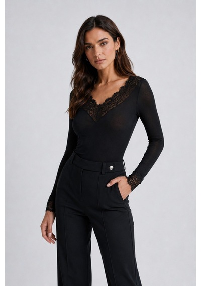 Unika Boutique Dantelli Kaşmir Uzun Kollu Bluz SIYAH