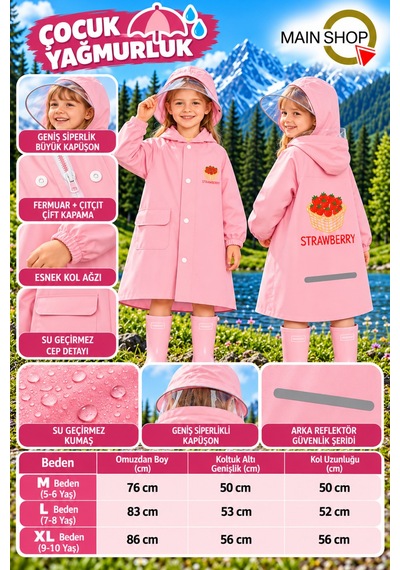 Mainshop Şeffaf Siperlikli Çıtçıtlı Ve Fermuarlı Taşıma Çantalı 4 Renk Çocuk Yağmurluk 9-10 Yaş L - Xl Pembe