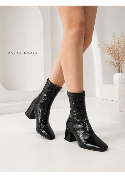 Dabab Shoes Janıce Kadın Siyah Küt Kare Burun Kırışık Desenli Rugan Streç Arkadan Fermuarlı 6 Cm Kalın Topuklu Bot Bootie