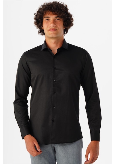 Süvari Siyah Slim Fit Armürlü Klasik Yaka Gömlek