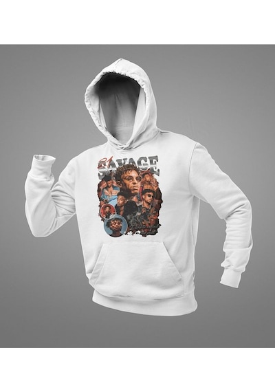 Sevbano 21 Savage Rapper Baskılı Unisex Oversize Hoodie Beyaz