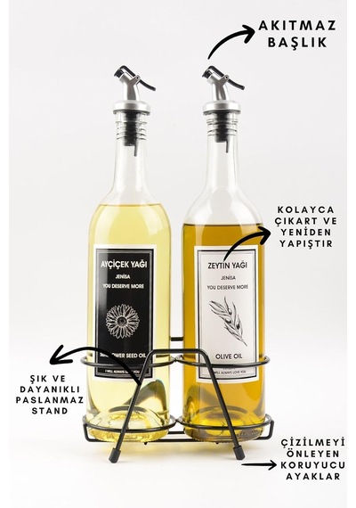 Şeffaf 750 Ml Siyah Beyaz Etiketli Siyah Standlı Akıtıcılı Yağlık Yağdanlık Çok Renkli