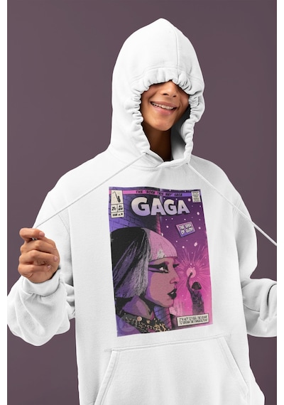 Sevbano Tasarım Lady Gaga Baskılı Unisex Oversize Şarkıcı Hoodie beyaz