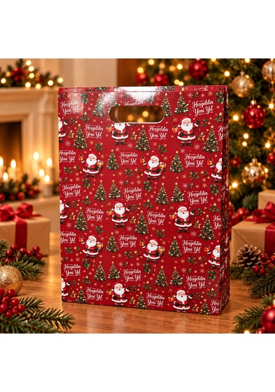 Balgelal Kırmızı Noel Baba Ve Çam Ağacı Desenli Yılbaşı Hediye Paket Çantası - Kulplu Dekoratif Karton Hediye Poşeti - 1'li - 9021426364010