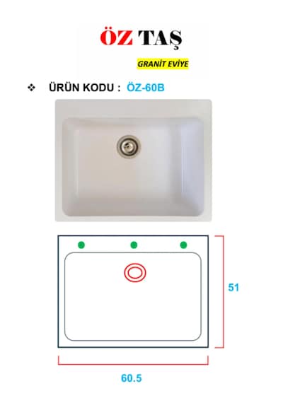 Öztaş ÖZ-60b Granit Mutfak Eviye Beyaz Tek Gözlü 55 x 60 CM