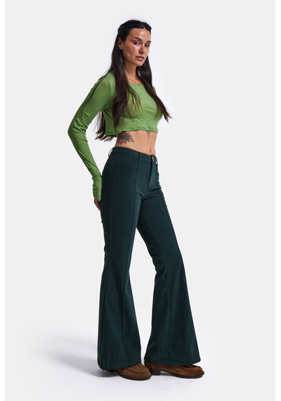Kadın Koyu Yeşil Flare Fit Pürüzsüz Dokulu Esnek Velvet Kadife Kumaş Pantolon