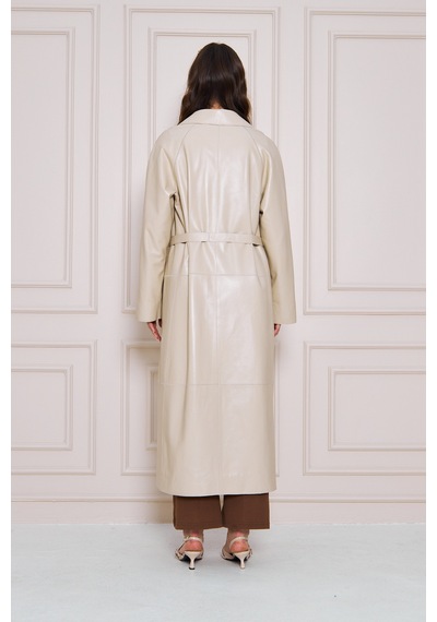 M M Marki Marki Kadın Hakiki Deri Trençkot Bej, V Yaka, Kuşaklı, Düğme Kapamalı, Oversize, 120 Cm - 117222