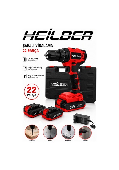 Heilber Ba011525 24v Şarjlı Vidalama Matkap Seti 22 Parça 2 Akü Li-ion Çantalı Profesyonel Akülü Vidalama