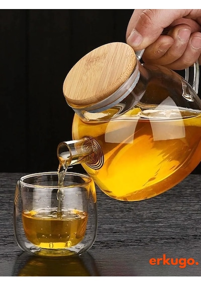 Vakumlu Bambu Kapaklı Isıya Dayanıklı Borosilikat Cam Demlik, Süzgeçli Demlik 1000 Ml Teapot Şeffaf