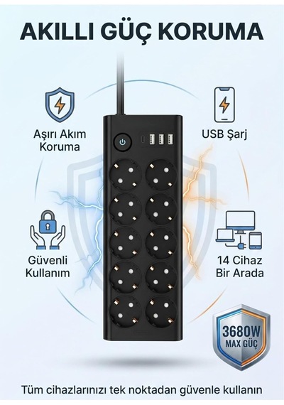 10'lu Akıllı Güç Koruma Grup Priz, 3x Usb-a 1x Usb-c, 3680w, 2 Metre Kablo, Siyah 0