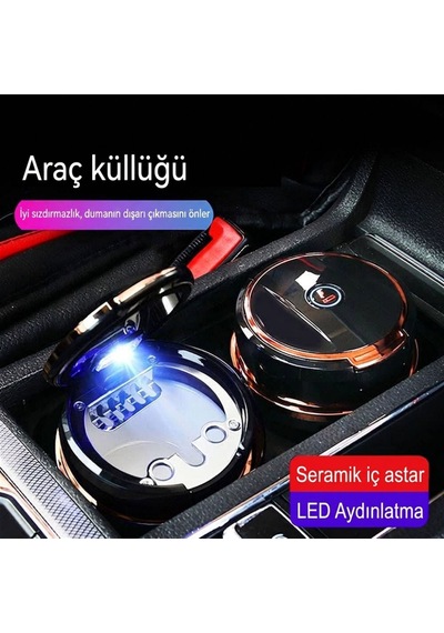 Oto Küllük Bardaklık Uyumlu Mavi Led Işıklı Koku Sızdırmaz Kapaklı Araç İçi Küllük Gold Detaylı Universal