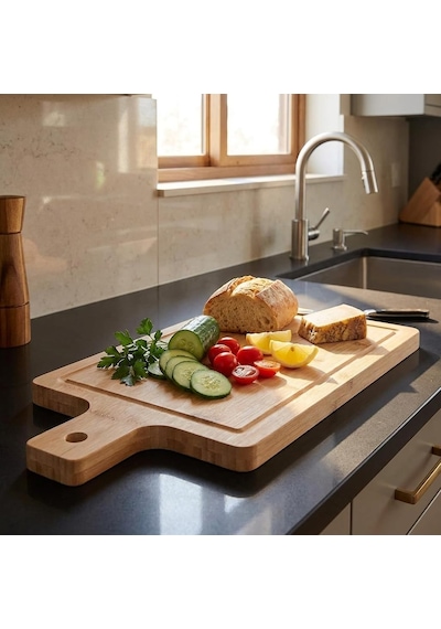 Bambu Kesme Tahtası, 40 X 20 X 2,5 Cm Kalın Doğrama Ve Servis Tahtası, Saplı, Askı Delikli, Oluklu Büyük Boy Mut Diğer
