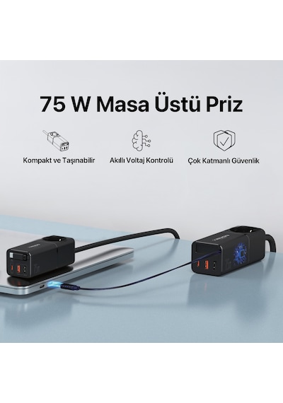 Xenon Smart Masaüstü Priz Hızlı Şarj İstasyonu | 75W GaN, 4000W AC, Dahili USB-C Kablo, 3x USB, PD PPS (X6412)