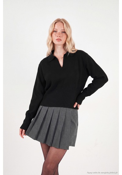 Lela Yumuşak Dokulu Regular Fit Polo Yaka Kazak Kadın Kazak 680kz00163 Siyah