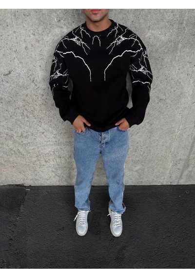 Efnaz Style Yıldırım Baskılı Bisiklet Yaka Sweatshirt - Siyah