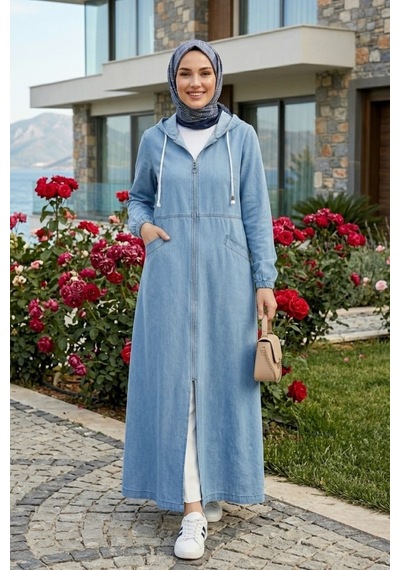 Hb Harma Time Butik Kadın Kapüşonlu Fermuarlı Cepli Açık Mavi Kot Kap