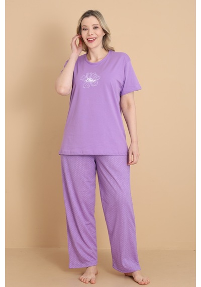 Wordex Mirano 4501 Kısa Kollu Lila Süprem Kumaş Büyük Beden Kadın Pijama Takımı