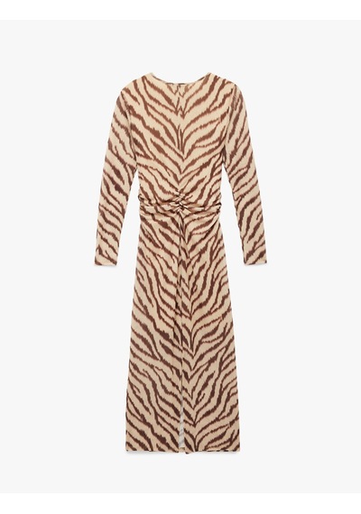 Koton Slim Fit Yırtmaçlı Uzun Kollu Bisiklet Yaka Zebra Desenli Drapeli Elbise Bej Desenli 6wak80262ek Ekru Koton Slim Fit Yırtmaçlı Uzun Kollu Bisiklet Yaka Zebra Desenli Drapeli Elbise Bej Desenli 6wak80262ek Ekru