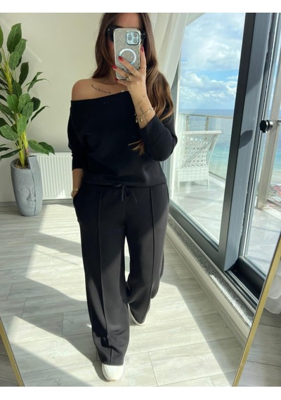 Efnaz Style Kadın Uzun Kollu Tek Omuzdan Açık Modal Bluz Ve Pantolon Ikili Takım Siyah