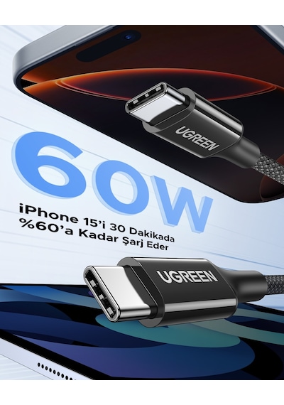 Ugreen USB-C 60W 3A QC PD Örgülü Hızlı Şarj Kablosu 1 M Siyah 35254