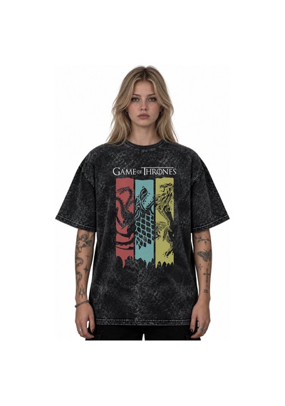 Game Of Thrones Efsane Dizi Baskılı Unisex Oversize Vintage Yıkam Siyah