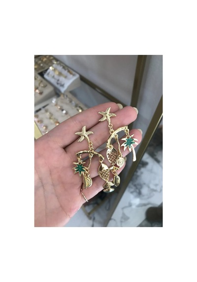 Deniz Yıldızı Ve Ağaç Charm'lı Küpe Altın