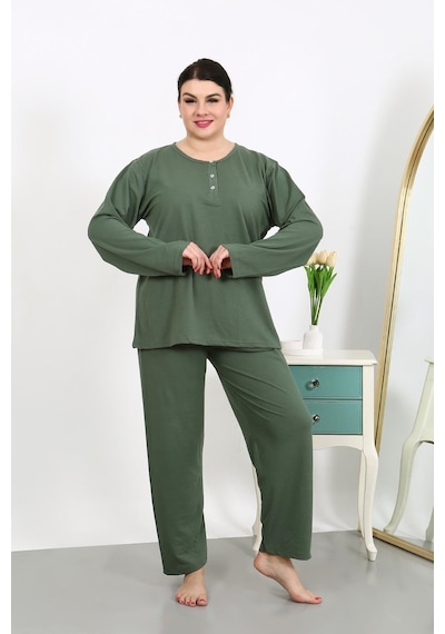 Akbeniz Kadın Büyük Beden Uzun Kol Penye Pijama Takımı Haki 202501 Haki