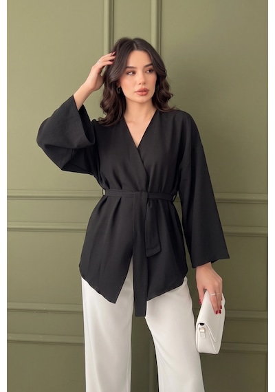 Koyu Siyah Kadın Kuşaklı Kimono 1177