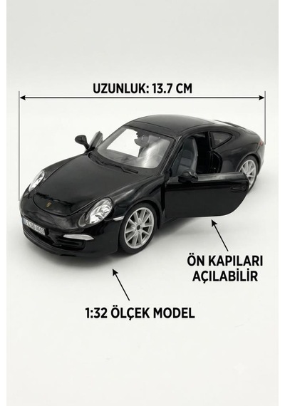 Hobbiez Lisanslı Porsche 911 Carrera Kapıları Açılabilir Model Diecast 1/32 Ölçek Metal Standlı Araç