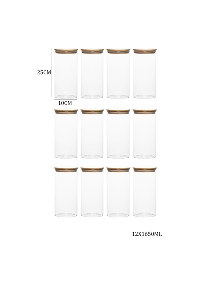 Porsima 3-4 Bambu Vakumlu Kapaklı Yuvarlak Cam 12li Kavanoz Seti Saklama Kabı 1650ml 10x25cm