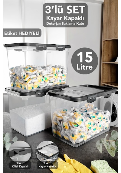 3'lü Etiketli Deterjan Saklama Kutusu - 15 Lt Sürgülü Kilitli Kapak Tablet Toz Deterjan Kabı Gri Gri