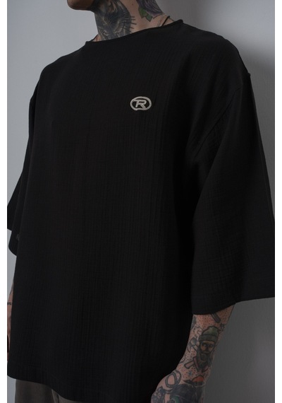 Respire Erkek R Nakışlı Fakir Kol Müslin Oversize T-shirt Siyah