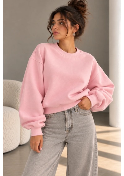 Bbbutikbasic 3 İplik Şardonlu Kısa Sweatshirt Bisiklet Yaka Kadın 3 İplik Şardonlu My3535 Pembe