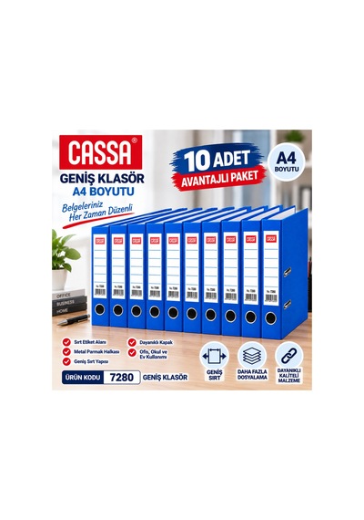 7280 Geniş Klasör A4 Mavi 10 Adet Avantajlı Ekonomik Paket