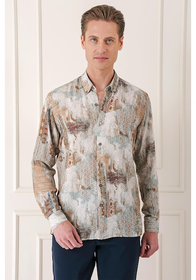 Efor Comfort Fit Düğmeli Yaka Batik Desenli Pamuk Vizon Gömlek G 1566 Vizon