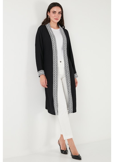 Lela Modest Regular Fit Bağlamalı Nakışlı Tesettür Uzun Kimono Bayan Hırka 5866173 Siyah