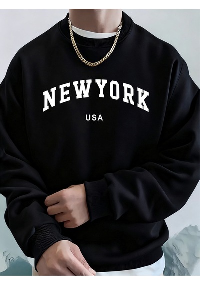 Startmore Startmorenew York Abd Mektup Baskılı Erkek Sweatshirtleri Kışlık Bisiklet Yaka Kapüşonlu Sokak Stili P Siyah