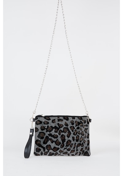 Vivaq Kadın Leopar Gümüş Taşlı Süet Bilek Askılı Ve Zincir Askılı Portföy El Ve Clutch Çanta SİYAH