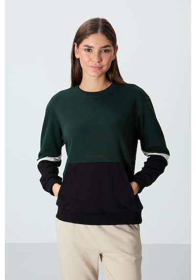 Tommy Life Çam Yeşili Kompakt Pamuklu Kalın Pürüzsüz Dokulu O Yaka Oversize Fit Kadın Sweatshirt - 97289 Yeşil