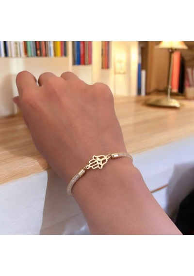F Harfine Özel Hasır Kordonlu Hamsa Motifli 14 Ayar Altın Plakalı Hediye Bileklik-499harf F