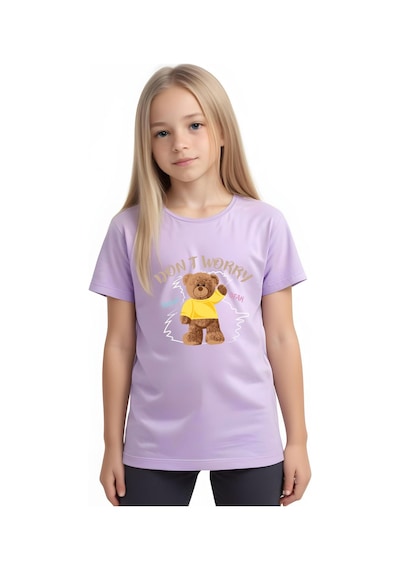 Panios Kids Worry Bear Baskılı Kız Çocuk Kısa Kollu T-shirt Lila