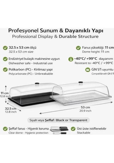 Polikarbon Gn 1/1 Fanus Kapaklı Servis Tepsisi 32.5x53 Cm Şeffaf Sunum Kapağı