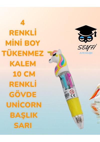 4 Renkli Mini Boy Tükenmez Kalem 10 Cm Renkli Gövde Unicorn Başlık Sarı