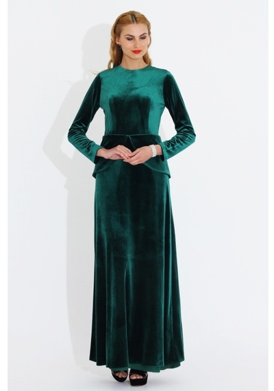 Nidya Moda Büyük Beden Kadife Peplumlu Elbise-4044Y Yeşil