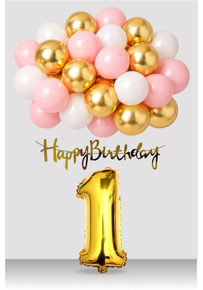 1 Yaş Retro Gold Pembe Beyaz Balon Happy Birthday Banner Gold Rakam Doğum Günü Süsü Çok Renkli
