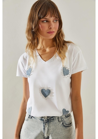 Shade Kadın V Yaka Yaka Kot Kalp Detaylı Taşlı T-shirt 60251412 - Beyaz