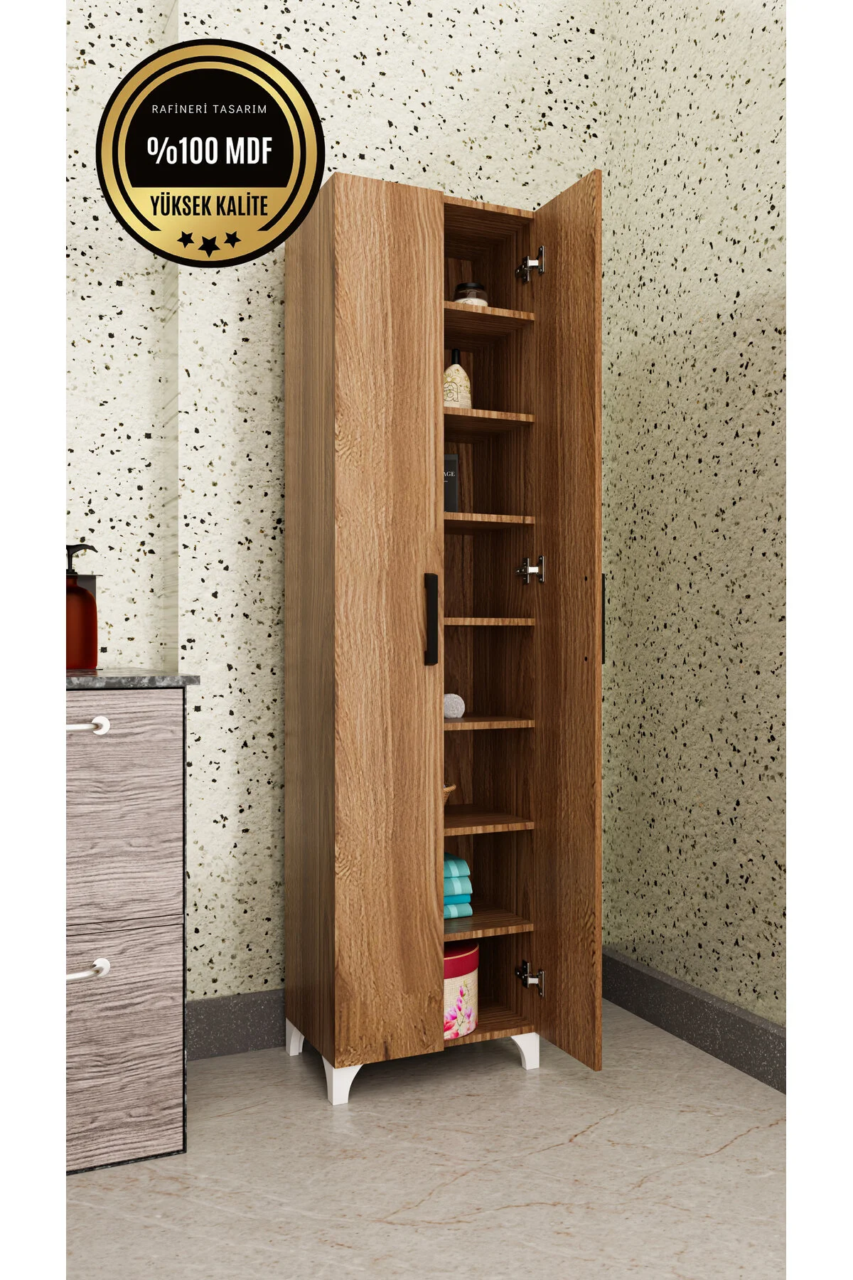 8 Raflı Mdf Beyaz 2 Kapaklı Çok Amaçlı Mutfak Dolabı Krem
