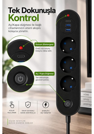 Robeve Blic Termal Akım Korumalı 3 Lü Priz 2500w 1 Usb-c + 2 Us