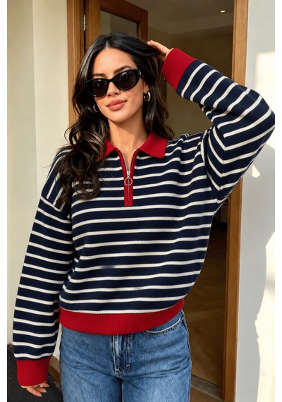 Genius Store Kadın Çizgili Yarım Fermuarlı Polo Yaka Oversize Triko Kazak Yarımfer-triko Lacivert