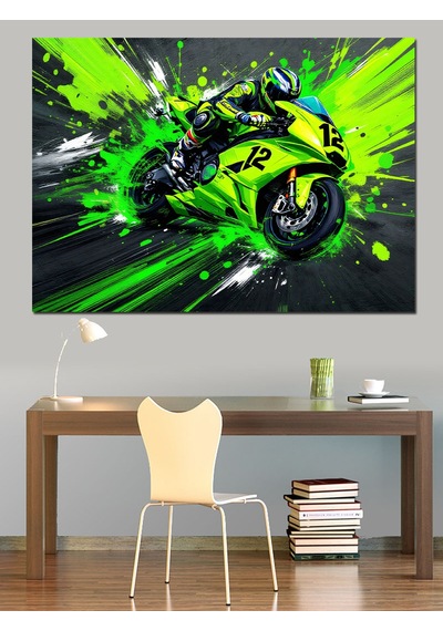 Neon Yeşil Yarış Motosikleti Dekoratif Kanvas - Mdf Ahşap Tablo